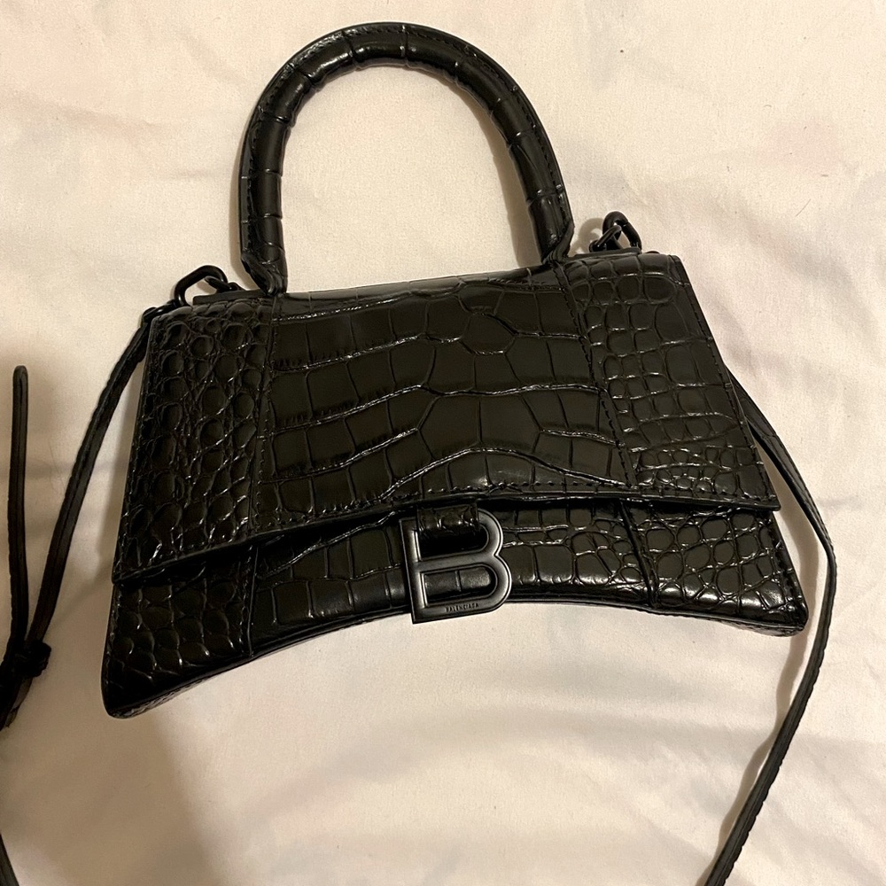 BALENCIAGA BLACK CROC HOURGLASS BAG SIZE SMALL AUTHENTIC